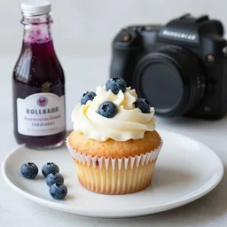 dslr food photograph of a blueberry cupcake white creme topping and a bottle of blueberry sauce on the side, narrow shot, hasselblad, 1 0 0 mm f 1. 8