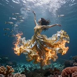 woman dancing underwater wearing a long flowing dress made of many layers of gold and silver fire, coral sea bottom, swirling schools of silver fish, swirling smoke shapes, octane render, caustics lighting from above, cinematic, hyperdetailed