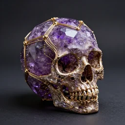 ornate and intricate dodecahedron made of purple crystals and gold wires in the form of a anatomical correct skull, dark moody background
