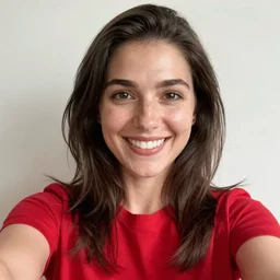 a smiling women taking a zoomed out selfie, hyper realistic photography, highly detailed, sharp focus, good vibes, realistic, highly detailed attribute, award winning, art by portrait realistic illustrators, red shirt