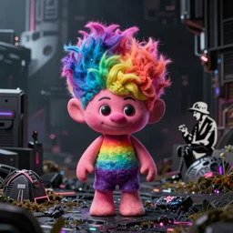 rainbow troll doll by beksinski, banksy and tristan eaton, dark neon trimmed beautiful dystopian digital art