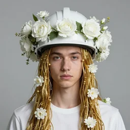 hyperrealist portrait of a 2 0 4 4 space sport engineer, it is decorated with long gold wires and white flowers that fall like vines and wears a huge computer crown. by jeremy mann and alphonse mucha, fantasy art, photo realistic, dynamic lighting, artstation, poster, volumetric lighting, dramatic light, very detailed faces, 8 k, award winning, digital art