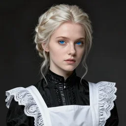 digital art by artgerm, greg rutkowski, alphonse mucha. full body!! beautiful platinum blonde victorian maid. beautiful slender face, updo, big blue eyes, fine pointy chin, slender nose, high cheek bones. black maid dress with white apron. lace, embroidery, leather. hyper detailed, intricate, elegant, artstation, smooth, sharp focus