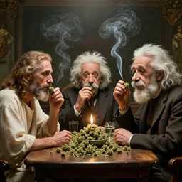 jesuschrist, alberteinstein and darwin sitting meeting on a table, smoking weed, drunk, in the afterlife, photorealism, volumetric lightening, smoke, octane render, hyperdetailed, beautiful, art, by greg rutkowski and alphonse mucha, artstation