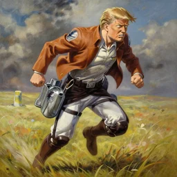 detailed wide shot of donald trump as a titan from attack on titan anime intricate in a field running, hyper detailed, realistic, oil painting, by julie bell, frank frazetta, cinematic lighting