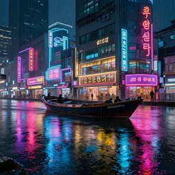 cyberpunk flooded rainy south korea, seoul, boat, reflections, cinematic lighting, photorealistic, trending on artstation, storefronts made of neon lights, hyper realistic rendering photography, unreal 5 engine render, ultra wide angle, long shot, 8 k