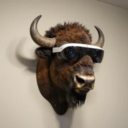 hunting trophy in the form of a bison head, with oculus quest glasses over the eyes, nailed to the wall, photorealistic