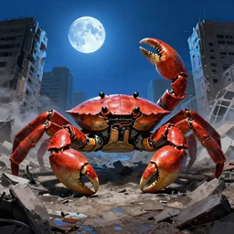 a giant mechanical crab in the middle of a war - torn, crumbling city, blue moon shining in sky, engraving, artstation, concept art, smooth, sharp focus, vivid grunge, manga, illustration, unreal engine 5, 8 k, art by bilibin and kuvshinov and malevich and mucha - w 7 6 8