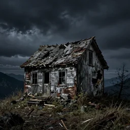 A cottage rotting on a mountaintop at night, horror painting, by Bastien LeCouffe-Deharme, hyperrealistic, Blender 8k UHD