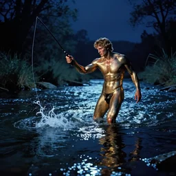 a shining achilles fishing in the magic river styx, at night, magic, fujicolor with flash, extreme contrast, surreal, deep