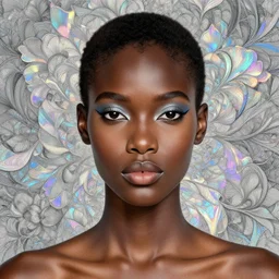 portrait study african supermodel with floral background : : holographic fractals : : by karol bak, artgerm, moebius, elena masci, tom bagshaw, giuseppe arcimboldo : : portrait, illustration, photorealism, hyperrealism, surrealism, negative space, intricate detail, line work