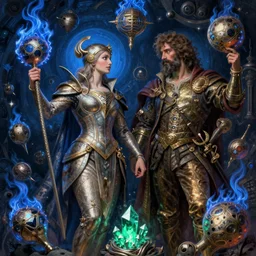 the female arcanist and the male artificer by albert bierstadt and gerald brom and zdzisław beksinski and james gilleard, highly detailed, hyperrealistic, intricate, floating metallic objects, blue flames, low light, glowing green crystals