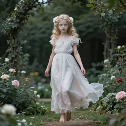 a beautiful young girl, full body floating in the air in the secret garden, pale face, turquoise eyes, curly blond, angel face, pointed ears, roses in her hair, realistic, fairy look, long white hyperdetailed dress in pale pink and white, cinematic, trending on art station