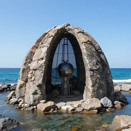 photo of a stargate at the ocean by marc adamus, land art made of rocks by jaehyo lee