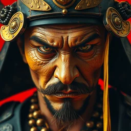 close up portrait of old samurai, goth punk, vibrant yellow colors, surreal, french baroque style by alexander mcqueen, hyper detailed, cinematic, art by bill sienkiewicz trending artstation, remove red background