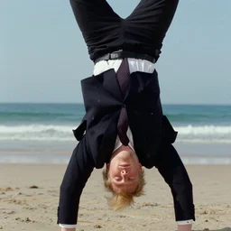 film still close - up shot of boris johnson doing cartwheels on the beach from the movie monty python's the meaning of life. photographic, photography