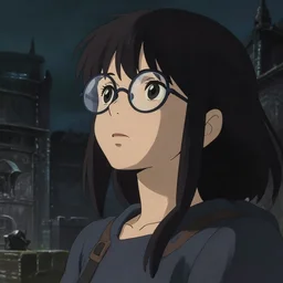 a young girl with bangs and rounded glasses looking to the sky, cinematic lighting, dramatic atmosphere, studio lighting delicate features finely detailed perfect art, at an ancient city, gapmoe yandere grimdark, trending on pixiv fanbox, painted by greg rutkowski makoto shinkai takashi takeuchi studio ghibli