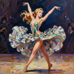 anime karlie kloss ballroom dancer, intricate oil painting by greg rutkowski, trending on artstation