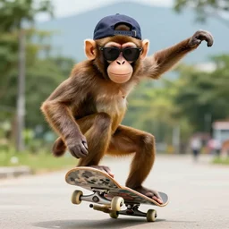monkey, skateboarding like a pro, wearing sun glasses and a backwards baseball cap