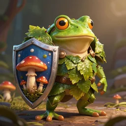 frog knight with a shield made of mushroom and an armor made of leaves, cartoon, artstation, cgsociety, 3d render, ambient lighting