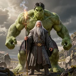 the hulk starring as gandalf in lord of the rings, staff, white beard,, high detail shot, smoking, render, cgsociety, photorealism