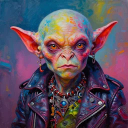 apocalyptic scifi squalor goblin character posing for a professional photo, psychedelic vibrant colors, futuristic punk rock fashion, oil painting by michael whelan art, perfect face, sharp focus, detailed eyes, realistic, leather jacket, 8 k