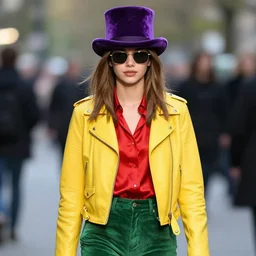 photos of young lisa bonet wearing a yellow leather jacket, green corduroy pants, a red silk blouse, and purple velvet top hat on her head. she is wearing mirrored sunglasses, photoshoot in the style of annie leibovitz, photorealistic, soft focus, bokeh, 5 0 mm