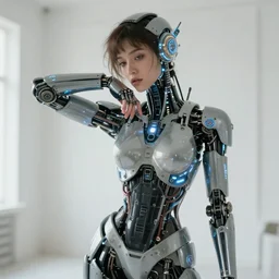portrait of soulful young demi moore as a solarpunk mecha humanoid robotic parts with bright led lights, real human face, pudica pose gesture by bouguereau, in white room, ultra - realistic and intricate, soft portrait shot 8 k