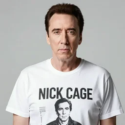 sharp portrait of nick cage wearing a tshirt with nick cage print wearing a tshirt with nick cage print lost in liminal space, zeiss lens, aperture 1. 2, by evelyn de morgan