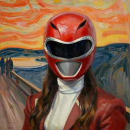 masterpiece portraid of mona lista painting but its a power ranger by edward munch, hyper detailed