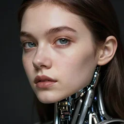 close - up portrait of a beautiful young woman with a human face and cyborg body, art by tim walker