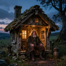 Samuel Vimes sits in Hagrid Hut at twilight, detailed, hyperrealistic, colorful, cinematic lighting,  digital art by Paul Kidby, Kate Oleska and Jim Kay