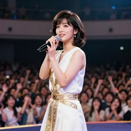 a japanese idol singer on stage in the 1 9 7 0 s, live venue, cheering crowd audience, professional photography, highly detailed, stunning lighting, artstation, realistic face and anatomy, by thomas kinkade and greg rutkowski