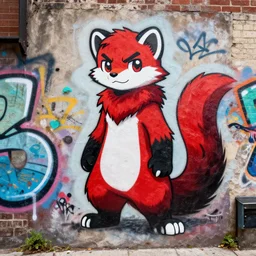 photo [ far ], subject [ furry _ fandom _ fursona _ original _ character ( red - black _ palette, anthro _ weasel - ferret - stoat ) ], medium [ graffiti, wall ], location [ chicago ( alley ) ]