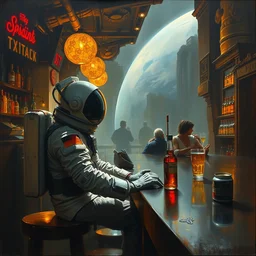 an astronaut sits at a bar after a long day, beautiful concept painting by caravaggio, ruan jia, jakub rebelka, artgerm, greg rutkowski, edgar maxence