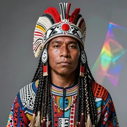 a Characteristic portrait of a Selk'nam with a Capirote, by Al Feldstein , Yayoi Kusama , Lisa Frank , Award winning photo, iridiscense, Houdini algorithmic generative render, dramatic lighting, Accurate and detailed, sharp focus, octane render 8k ,