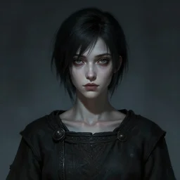 dark fantasy brunette student with short hair in a men's tunic, pale, headshot portrait, wide angle view, highly detailed, qichao wang, artgerm, cushart krenz, zeronis, trending on artstation, soft light, sharp edges, illustration, character design, concept art