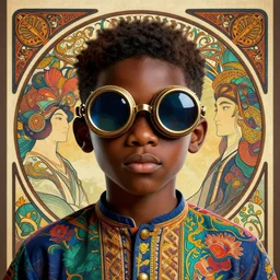 colourful vfx upper half - 3 d portrait - art of a nigerian boy wearing steam punk goggles, art by utagawa kunisada, james jean & alphonse mucha, symmetrical, intricate detail, concept art, volumetric light, ray tracing, digital illustration, octane render, 2 d - 3 d hybrid, unreal engine, sharp, pinterest, behance, art station,