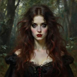a beautiful and eerie baroque painting of a gorgeous young woman from vampire the masquerade bloodlines, with wild hair and haunted eyes, 1 9 7 0 s, woodland, afternoon light, delicate embellishments, painterly