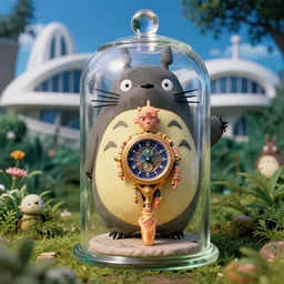 cinestill 5 0 d, 8 k, j. j abrams flare ; esoteric ultra realistic seinen manga faberge timepiece in totoro ( 1 9 9 0 ) film still garden scene in frontiers in translucent plastic photography fashion magazine june seinen manga portrait edition, hyperrealistic real - devanagari shaped cyborg clay occult timepiece film still in victorian glass jar, pointe pose, perfect eyes, tilt shift wide shot zaha hadid background
