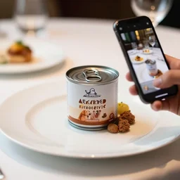 canned dog food on a plate, gourmet michelin restaurant, food photography, DOF, smartphone photo, whatsapp