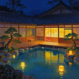 painting of night time intimate currently empty traditional onsen with glowing water spirits by small inn floating lanterns by artgerm mullins rutkowski mucha without people bonsai zen garden warm inn bioluminescence traditional japanese architecture concept art fantasy octane raytracing vivid color indirect light artstation