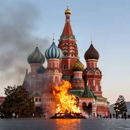 high quality photo of fire on Red Square in Moscow, highly detailed, 8k, professional