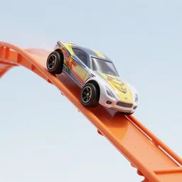 a hot wheels car flying off an orange hot wheels track ramp into the sky, low point of view, evel knievel style, photorealistic