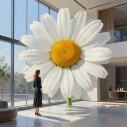 huge daisy flower head, woman standing next to modern window in luxury loft, surreal photography, sunlight, impressionist painting, digital painting, artstation, simon stalenhag