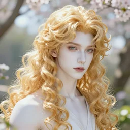 Portrait of an androgynous blond prince in a beautiful world, pale milky white skin and long fluffy curly blond hair, intricate, elegant, fantasy, highly detailed, digital painting, concept art, Junji Ito, sharp focus, illustration, beautiful volumetric lighting, epic light, artstation, magic hour lighting, colorful, sunshine, springtime, art by Sylvain Sarrailh