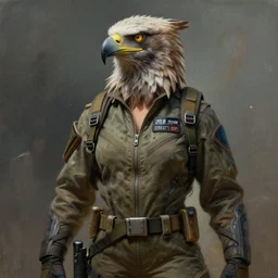 epic professional digital art of female human - eagle hybrid animal wearing air force jumpsuit, humanoid feathered head, eagle beak, painting, by artgerm, todd mcfarlane, leesha hannigan, artstation, cgsociety, wlop, epic, much wow, much detail, gorgeous, detailed, cinematic, masterpiece