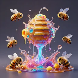 jelly rococo gel beehives leaking plasma and colorful auras, liquid, drippy, splashing, scifi 3 d paint spray by beeple, rob gonsalves, jeff koons, jacek yerka, m. c. escher. bees