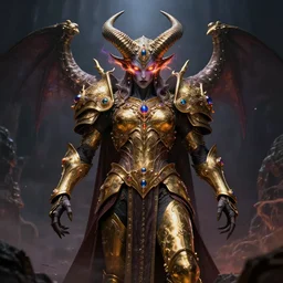 ancient horned androgynous god of revenge inspired by Slaanesh and Sephiroth, androgynous demon lord aesthetics wearing golden armor adorned with precious gems, his eyes glare with iridescent fire of magical energy, epic full body portrait by Greg Rutkowski and Ross Tran and Dariusz Zawadski, eerie wh40k aesthetics by Zdislaw Beksinski, ultra detail, 4k, 8k, HDR, trending on ArtStation