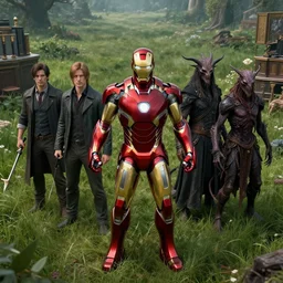 portrait of marvels ironman ( ( ( ( ( ( ( ( ( surrounded by grass ) ) ) ) ) ) ) ) ) by hr giger, greg rutkowski, luis royo and wayne barlowe as a diablo, resident evil, dark souls, bloodborne monster, courtroom, elden ring creature : : in a garden, grassy field, large field in the background